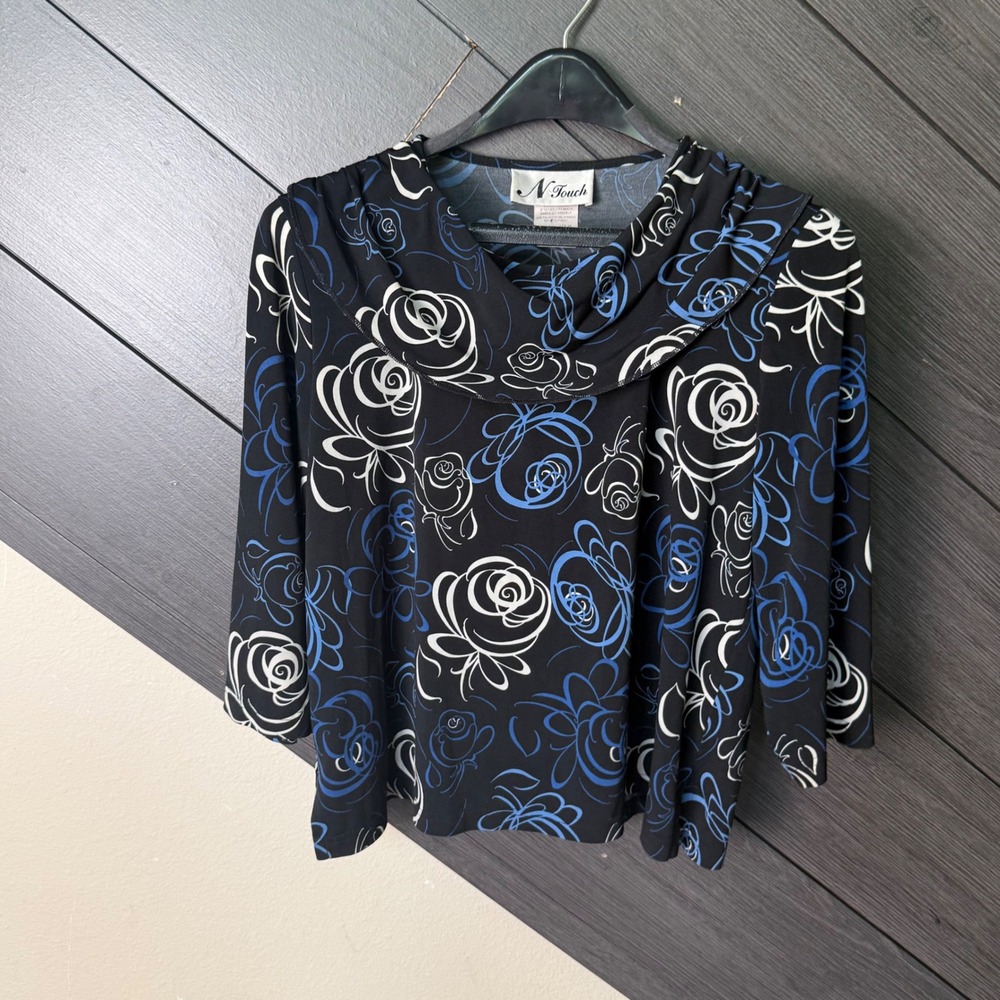 N Touch Vintage 90s Floral Cowl Neck 3/4 Sleeve Top Large Black Blue White